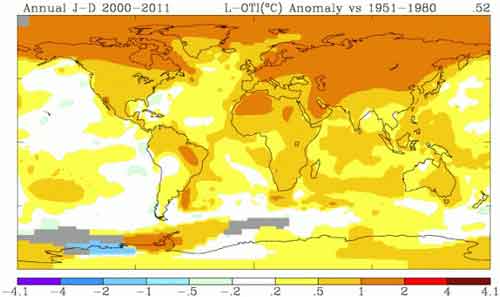 2000-2011年全球气温平均值与1951-1980年平均值比较。来源：NASA/GSFC