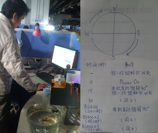 左边为师兄在调试代码，右边是喂鱼机实现功能图示